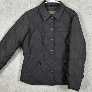 Eddie Bauer Women Large Jacket Quilted Black Goose Down Authentic Outdoor Button